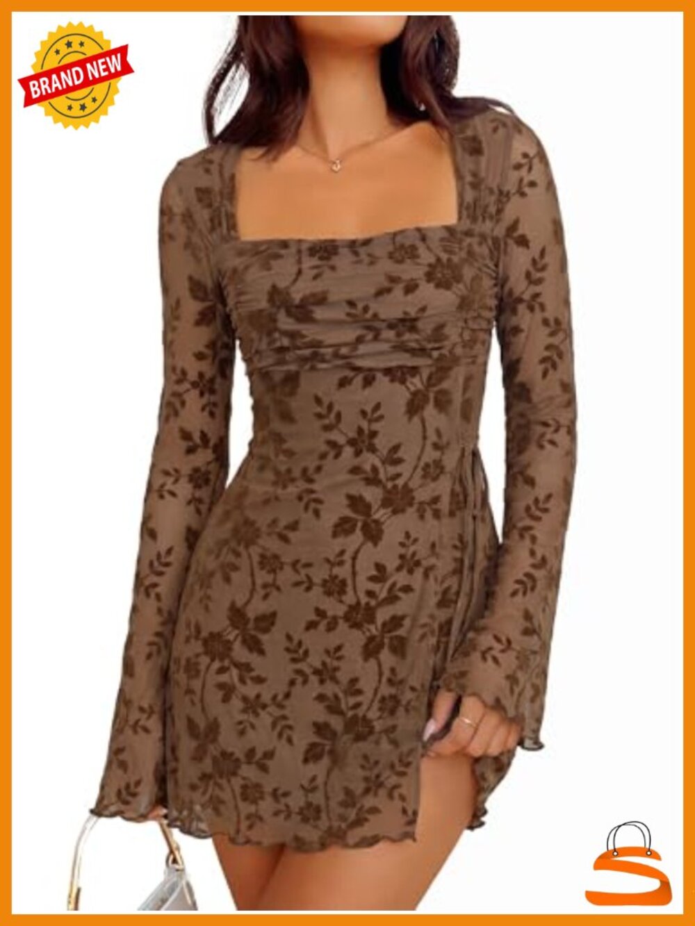 Mesh Long Sleeve Mini Dress Square Neck Ruched Wrap Party